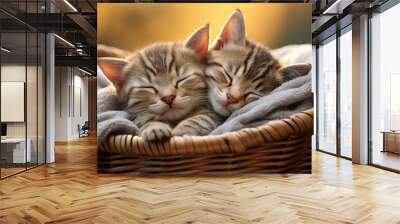 Two striped kittens are lying and sleeping in an embrace in a basket Wall mural