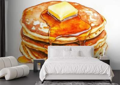 A stack of fluffy watercolor pancakes dripping with golden syrup, butter melting on top, painted in soft warm colors on a white background. Wall mural