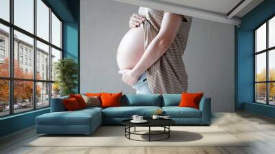 Pregnant woman hold two hands on her stomach, one hand hold T shirt and one hand under her stomach, sunlight indoor at home . Wall mural