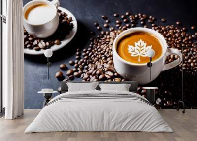 cup coffee beans, hot coffee, espresso coffee cup with beans, coffee bean background Wall mural