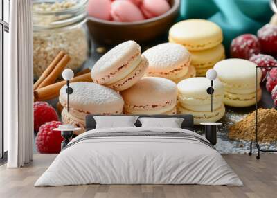 An assortment of macarons and French pastry ingredients  Wall mural