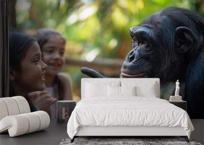 Children Interacting with Chimpanzee at the Zoo Wall mural