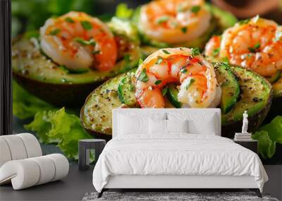 Grilled avocado halves stuffed with shrimp and herbs, served on a bed of lettuce
 Wall mural