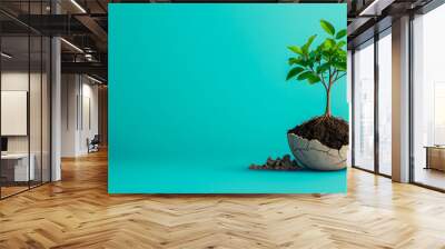 Tree Growing from Cracked Eggshell with Roots and Soil on a Blue Background Wall mural