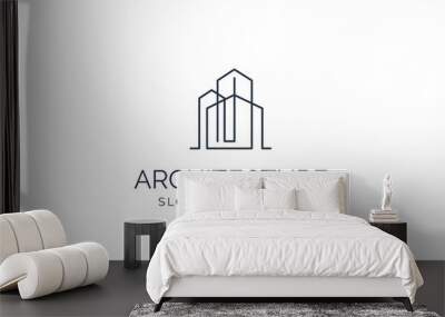 Simple modern building architecture logo design with line art skyscraper graphic Wall mural