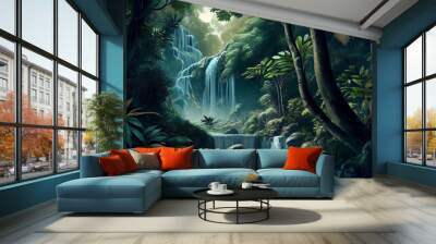 Waterfall forest nature tropical background. Jungle wallpaper. Generative ai. Wall mural