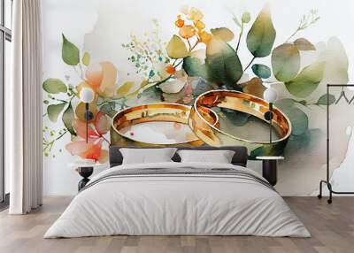 Wedding rings and flowers. Watercolor. generative ai Wall mural