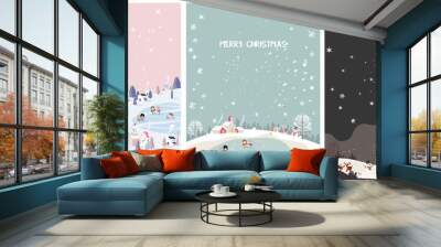 set of winter season postcard,mountain small village with snowflake,deer,snowman and church in pastel pink,mint green and night  scene.Concept of happy winter.Merry Christmas. Wall mural