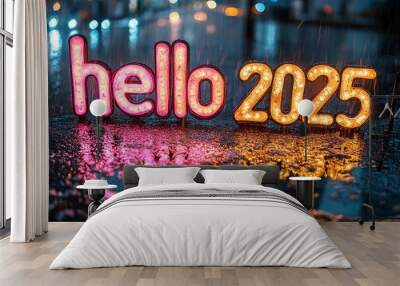 2025 happy new year abstract design with glowing neon and bokeh background. Generative IA Wall mural