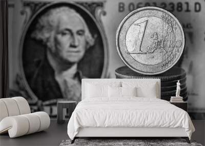 Euro and Dollar Exchange Rate Coin And Bill Relationship Black and White Macro Wall mural