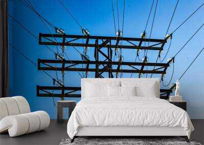 High voltage tower with blue sky background. Wall mural