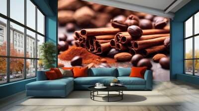 Cinnamon sticks, nuts and chocolate Wall mural