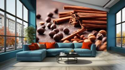 Cinnamon sticks, nuts and chocolate Wall mural