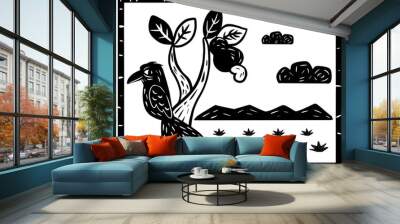 Black bird on cashew tree branch.  Separate vectors. Woodcut style and cordel literature Wall mural