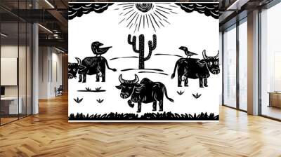 Cattle grazing in a farm setting. illustration in woodcut style and cordel literature Wall mural