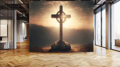 A large empty cross of jesus in a beautiful landscape and a crown of thorns hanging from the top of the cross as the sun shines behind, Generative AI Wall mural