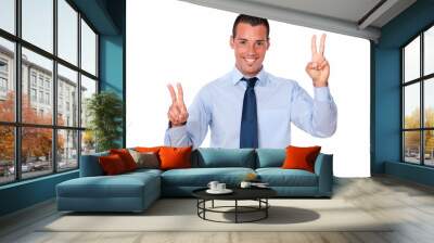 Charismatic guy with two victory gesture Wall mural