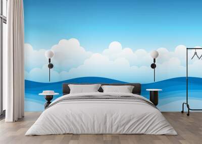 Blue sea wave flowing with white soft clouds cartoon, sky background landscape vector illustration. Wall mural