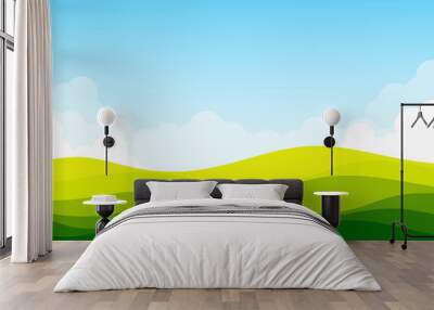 Green Mountain landscape lawn view with white clouds and blue clear sky background vector illustration. Wall mural