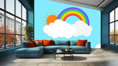 White cloud speech bubble cartoon with rainbow and sun on blue sky design bundle vector background Wall mural