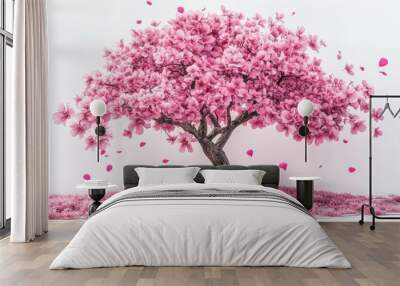 A beautiful pink cherry blossom tree with petals gently falling, creating a serene and tranquil atmosphere in nature. Wall mural