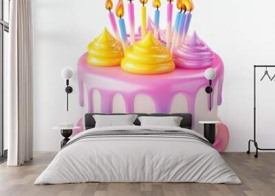 A colorful birthday cake adorned with vibrant candles and creamy icing, perfect for celebrations and special occasions. Wall mural