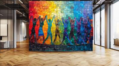 A mosaic of people of different colors holding hands in front of a rainbow background. Wall mural