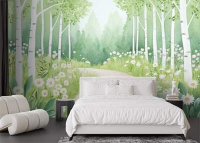 A serene forest path lined with blooming daisies, inviting tranquility and a sense of adventure in nature. Wall mural