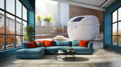 A white rice cooker sits on a counter next to a plate of rice Wall mural