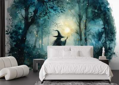 A witch casting a spell in an enchanted forest, sorcery scene, watercolor drawing, isolated on white background Wall mural