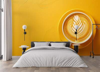 Minimalist Coffee Cup with Latte Art on Vibrant Yellow Background Wall mural