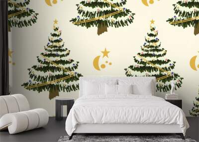 Christmas tree with lights on a yellow background Wall mural