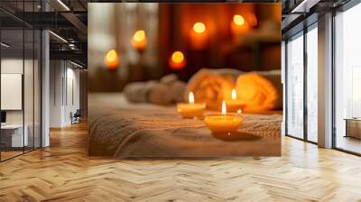 Burning candles aroma on table in spa room. Wall mural