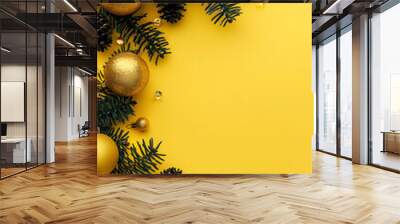 Christmas tree and ball on yellow background. Wall mural