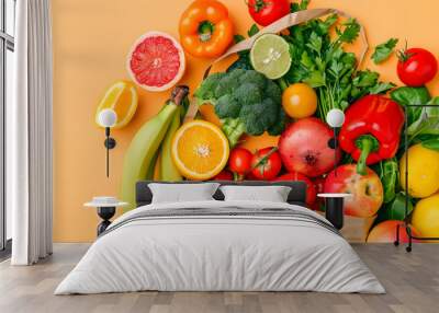 Colorful healthy food in paper bag. Vegetable and fruit on background. Wall mural