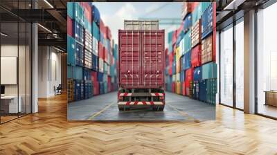 Container truck in ship port for business Logistics import and export. Wall mural