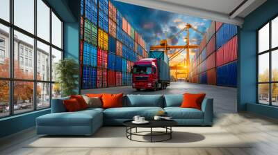 Container truck in ship port for business Logistics import and export. Wall mural