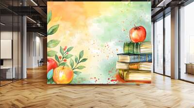 Cute cartoon book frame border on background in watercolor style. Wall mural