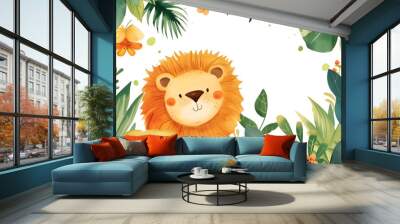 Cute cartoon lion frame border on background in watercolor style. Wall mural