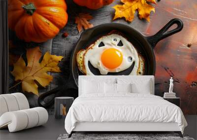 Fried egg with Halloween pumpkin shaped in pan for Halloween night. Wall mural