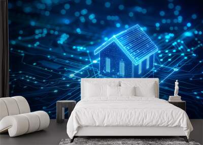 House with futuristic network connection technology big data. Blue neon background. Wall mural