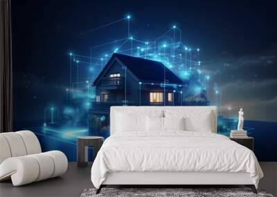 House with futuristic network connection technology big data. Blue neon background. Wall mural