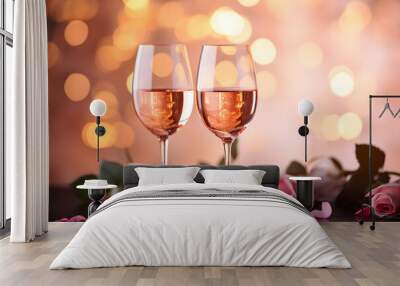 Two glasses of vine with rose with bokeh background. Valentine's day. Wall mural