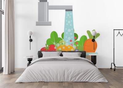 Wash fresh vegetables for cooking. Clean vegetables under water in bowl with tap. Healthy food. Vector illustration. Wall mural