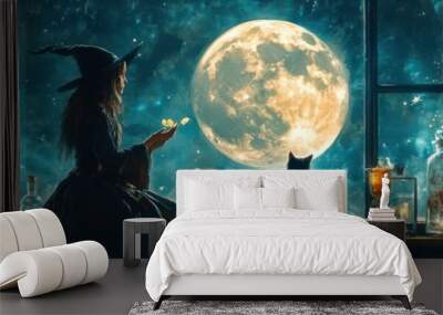 A witch performing a tea leaf reading on Halloween night, surrounded by potion bottles, black cats, and a glowing full moon outside the window Wall mural