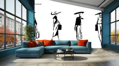 Beautiful fashion women. Hand drawn stylish young lady.  Woman silhouette. Fashion illustration sketch. Black ink drawing. Fashion model posing. Shopping concept. Wall mural