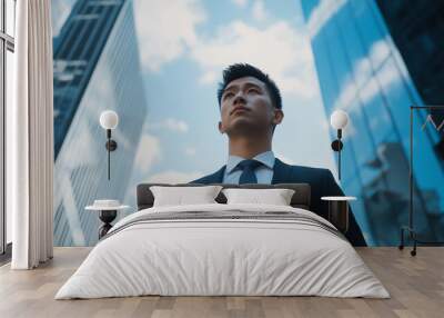 A young businessman in formal attire stands confidently between two tall, reflective glass buildings. He gazes upward, symbolizing ambition, growth, and success in the corporate world. The modern arch Wall mural