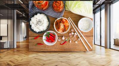 Kimchi,fermented cabbage traditional Korean food on wooden table in top view. Wall mural