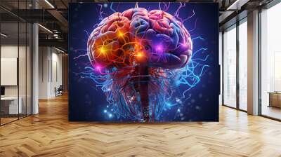 A glowing human brain with intricate neural pathways, illuminated by bright lights. Wall mural