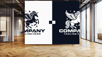 Pegasus horse logo, Pegasus Skyline vector design inspiration, Monochrome Emblem of Running Pegasus isolated on white, Vector image of a silhouette of a mythical creature of Pegasus Illustration Wall mural